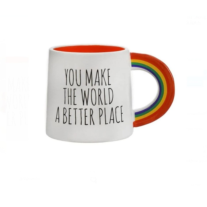 Szivárvány fogantyús kerámia bögre "YOU MAKE THE WORLD A BETTER PLACE", Fehér, 410ml