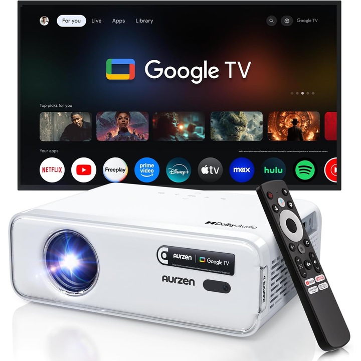 Смарт видеопроектор Aurzen Eazze D1G с Google TV, 200 ANSI, Full HD 1080P, Поддръжка на 4K, HDR10, 200 инча, Автоматичен фокус и корекция на трапецовидно изкривяване, 16W Dolby Audio високоговорители, Автоматична настройка на картината, WiFi, Bluetooth