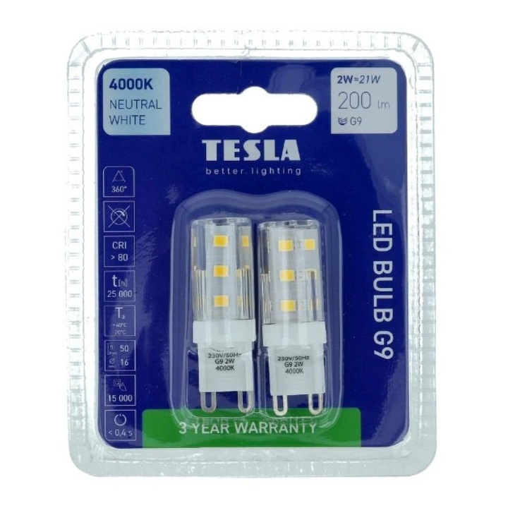 Bec LED, TESLA, G9 alb neutru 4000K cu design cilindric compact, 2W 230V, 200lm, Set 2 bucati