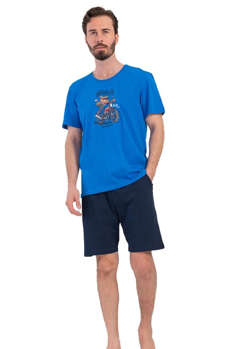 Pijamale barbati Vienetta Man, model Moto Cat, Albastru/Bleumarin
