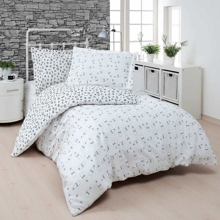 Ágynemű garnitúra, kétszemélyes, 100% szatén pamut, 240x260 cm, 4 részes, Különleges Ágyneműk, Gyerek ábécé