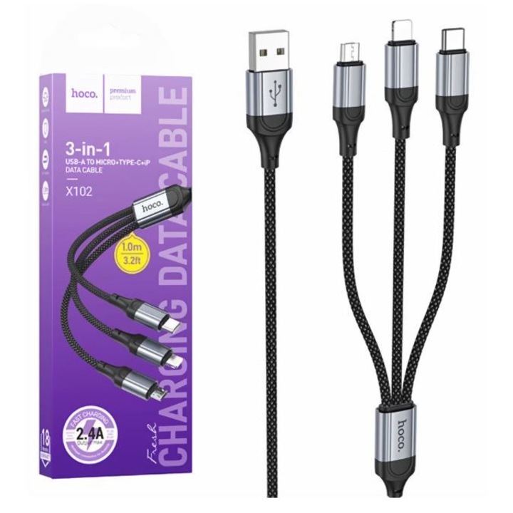 Cablu de Încărcare 3-in-1 Hoco, USB la Lightning/MicroUSB/USB-C, 2.4A, 1m, Negru