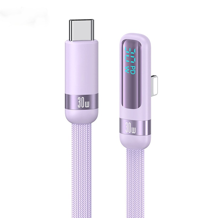 Lightning USB-C kábel, AFKSMILE, adat-/töltőkábel iPhone-kompatibilis, PD 30W, 1.2m, 480Mbps, 90°-os könyök kialakítás, gyorstöltés, LED digitális kijelző, nejlonfonat, intelligens chip, alumíniumötvözet, lila