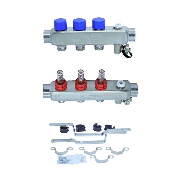 Distribuitor Warmsolution, 3-15 cai, inox, cu debitmetre, racord ¾ inch, intrare si iesire 1 inch, 4 cai