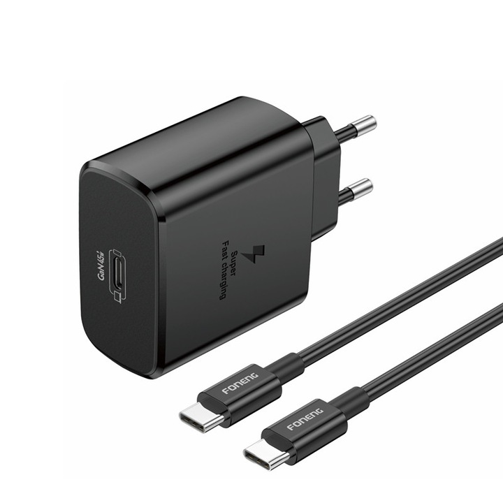 Incarcator GaN Super Fast Charge Universal 45W USB-C, compatibil Samsung Galaxy A56, A36, A26, A16, A17, S23, S24, S24 Ultra, S25 Ultra, Apple 17 Pro Max, Samsung, Xiaomi, Huawei, Motorola Negru