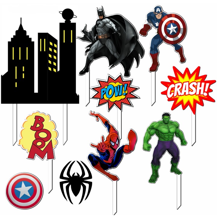 Süteményfeltét Szett Szuperhősök – Batman, Pókember, Amerika Kapitány, Hulk – 10 darab, Fa/MDF UV-nyomattal, Újrahasználható