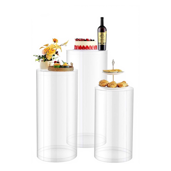Suport flori nunta, Set 3 piedestaluri/socluri cilindrice, Cu capace, Inaltimi 60/75/90 cm, Acrilic, Decor nunta si petreceri, Transparent