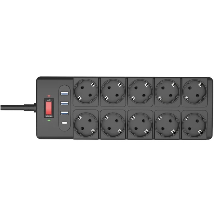 Разклонител с 10 контакта Schuko, 3 USB порта, 1 USB-C, защита за деца, кабел 2 м, черен, 350x45x180 мм