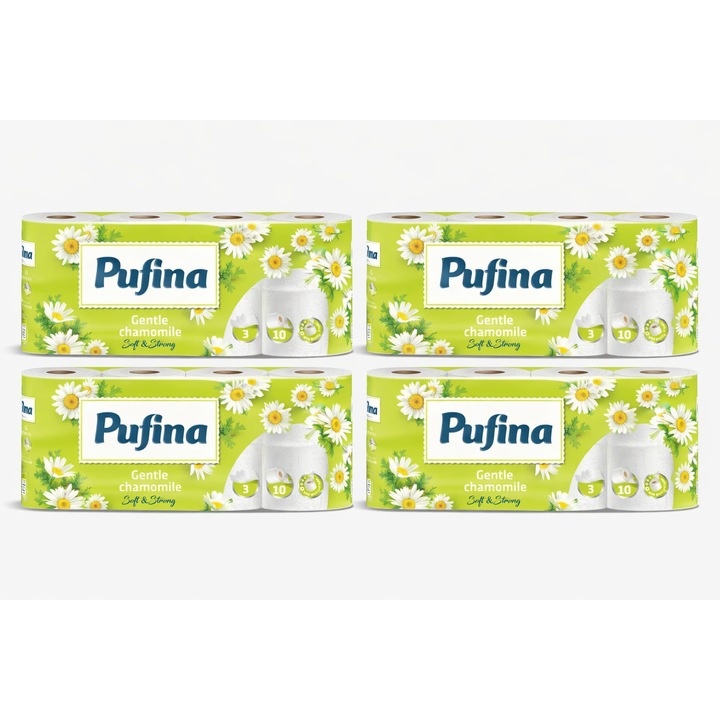 Hartie igienica Pufina, 40 role, 3 straturi, parfum de musetel, 4 seturi