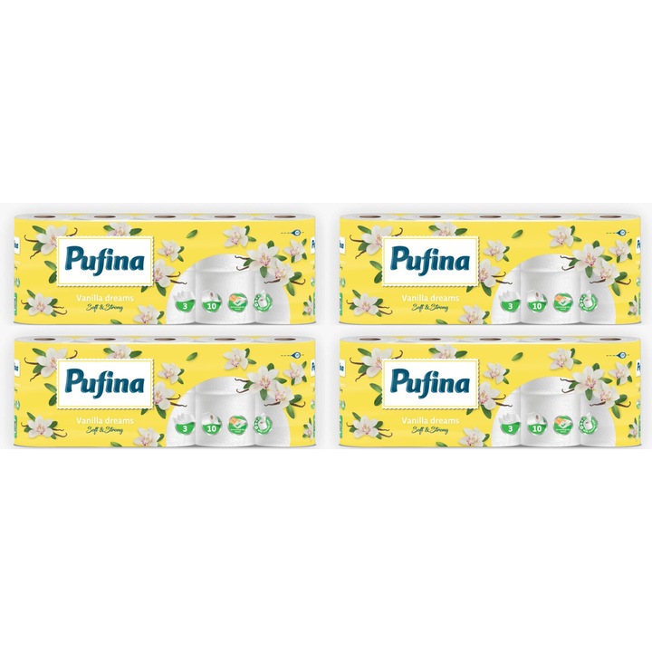 Hârtie igienică Pufina, 3 straturi, vanilie, set 4x10 role