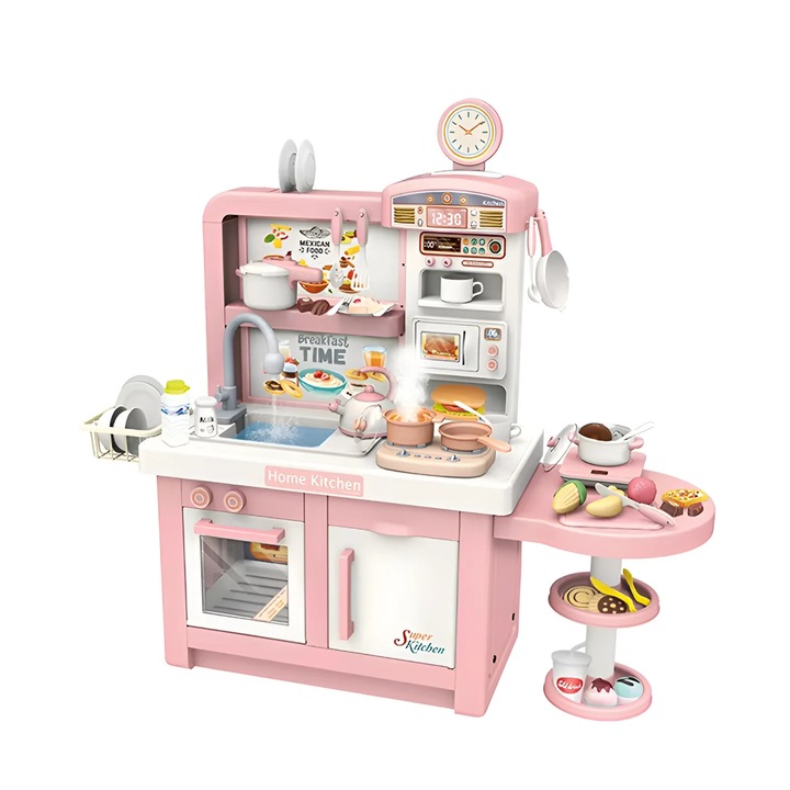 Bucatarie de Jucarie Multifunctionala pentru Copii cu Apa, Abur si Sunete – Set Complet cu Accesorii, 3+ Ani, ROZ