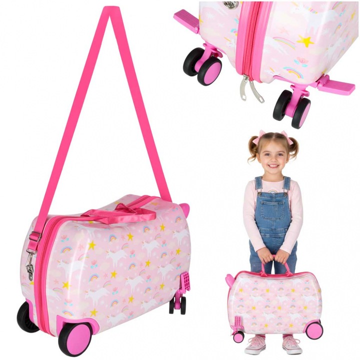 Troller de voiaj pentru copii Pink Unicorn, inchidere cu fermoar in doua sensuri, manere practice de transport, curea de transport inclusa, dimensiune 44 x 28 x 21 cm