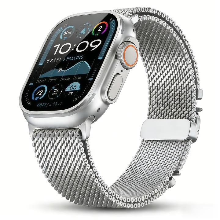 Curea smartwatch OIMG®, Bratara tip Milanese din Otel Inoxidabil, Catarama tip parasuta, Compatibila cu Apple Watch Ultra 1/2/3 / Seria 11-1 / SE, 42/44/45/46/49 mm, Argintiu