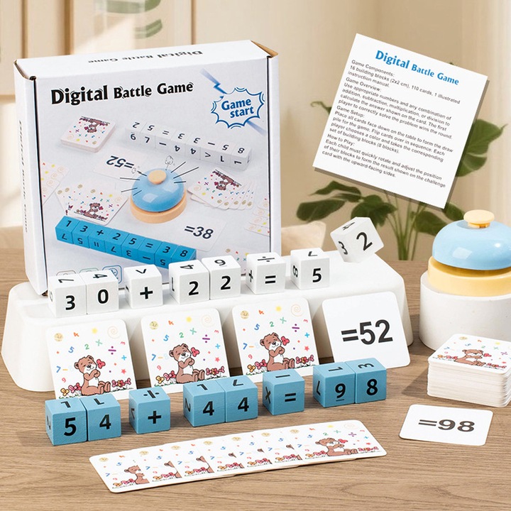 Joc Educativ de Matematica cu Blocuri – Kidsbele® Battle Game cu Numere, Operatii Aritmetice, Joc de Grup, 110 Carduri, Copii 5+