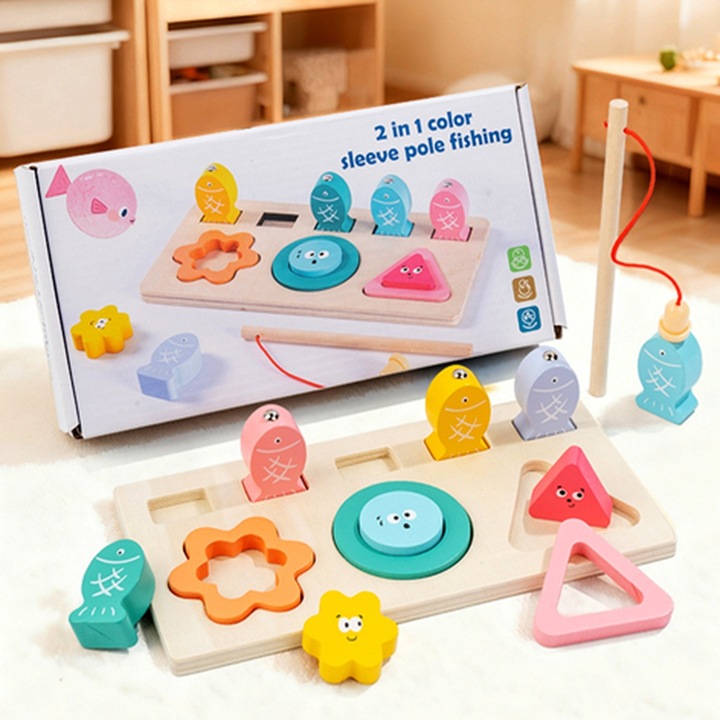 Joc Educativ din Lemn 2 in 1 Kidsbele® – Pescuit Magnetic si Sortare Forme, Jucarie Montessori pentru Copii 3+ Ani