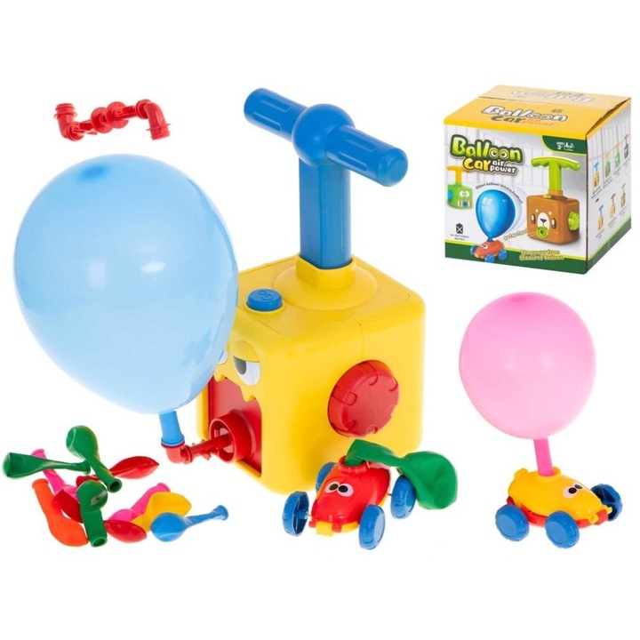 Jucărie educativă, Scribant, Lansator aerodinamic cu 2 mașinuțe și 10 baloane colorate, 12x11x23 cm, Set
