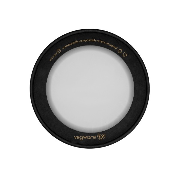 Capace cu fereastra din hartie pentru boluri negre Vegware, 150mm, set 50 bucati, biodegradabile, din hartie si celuloza
