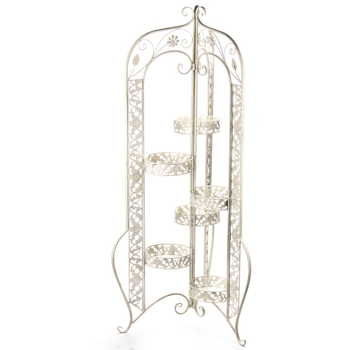Suport pentru flori din fier forjat, cu 5 nivele, alb antichizat