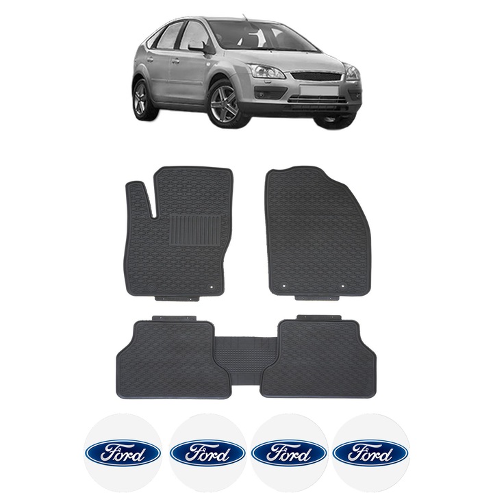 Set covorase presuri FORD FOCUS II din 2004-2011, auto, CRI-FLO, din cauciuc thermoplastic, 4 Stickere auto cu FORD