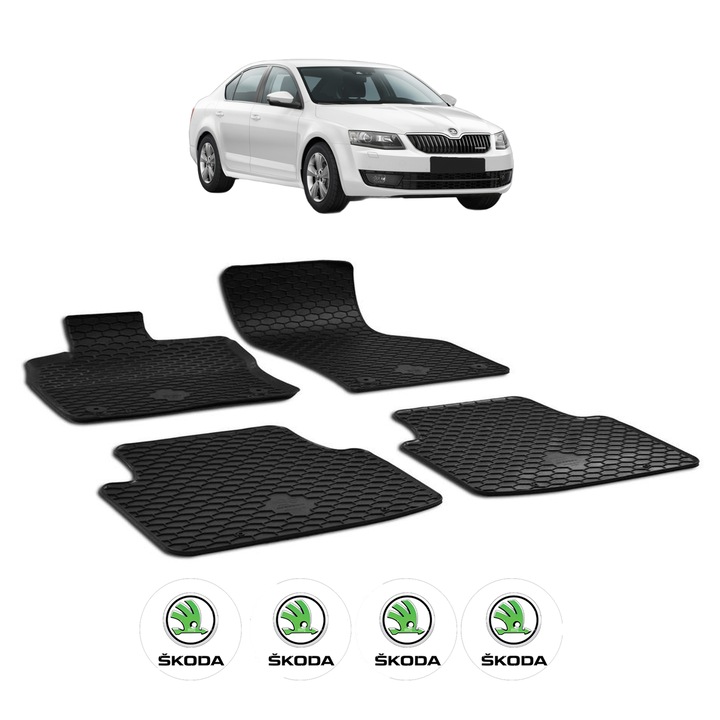 Set covorase presuri SKODA OCTAVIA III din 2013-2019, auto, CRI-FLO, din cauciuc thermoplastic, 4 Stickere auto cu SKODA