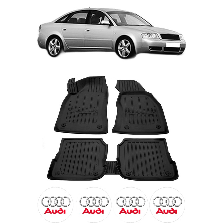 Set covorase presuri AUDI A6 C5 din 1997-2004, auto, CRI-FLO, din cauciuc thermoplastic, 4 Stickere auto cu AUDI