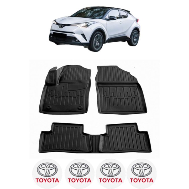 Set covorase presuri TOYOTA C-HR din 2016-2023, auto, CRI-FLO, din cauciuc thermoplastic, 4 Stickere auto cu TOYOTA
