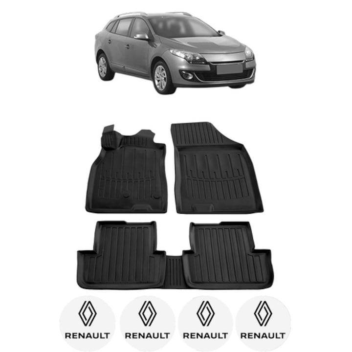 Set covorase presuri RENAULT MEGANE III COMBI din 2008-2015, auto, CRI-FLO, din cauciuc thermoplastic, 4 Stickere auto cu RENAULT