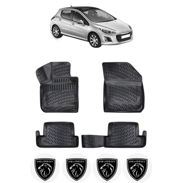 Set covorase presuri PEUGEOT 308 II din 2013-2021, auto, CRI-FLO, din cauciuc thermoplastic, 4 Stickere auto cu PEUGEOT
