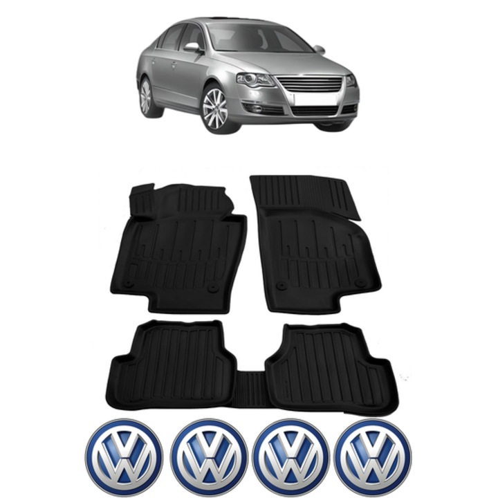 Set covorase presuri VOLKSWAGEN PASSAT B6 din 2005-2010, auto, CRI-FLO, din cauciuc thermoplastic, 4 Stickere auto cu VOLKSWAGEN