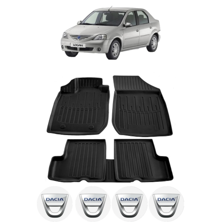 Set covorase presuri DACIA LOGAN I din 2004-2012, auto, CRI-FLO, din cauciuc thermoplastic, 4 Stickere auto cu DACIA