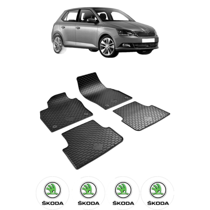 Set covorase presuri SKODA FABIA IV din 2021, auto, CRI-FLO, din cauciuc thermoplastic, 4 Stickere auto cu SKODA