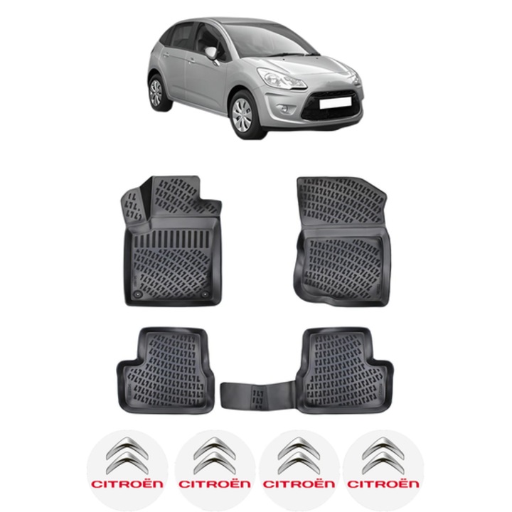 Set covorase presuri CITROEN C3 II din 2009-2016, auto, CRI-FLO, din cauciuc thermoplastic, 4 Stickere auto cu CITROEN