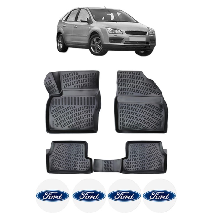 Set covorase presuri FORD FOCUS II din 2004-2011, auto, CRI-FLO, din cauciuc thermoplastic, 4 Stickere auto cu FORD