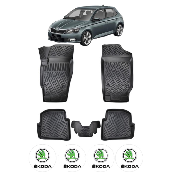 Set covorase presuri SKODA FABIA III din 2015-2021, auto, CRI-FLO, din cauciuc thermoplastic, 4 Stickere auto cu SKODA