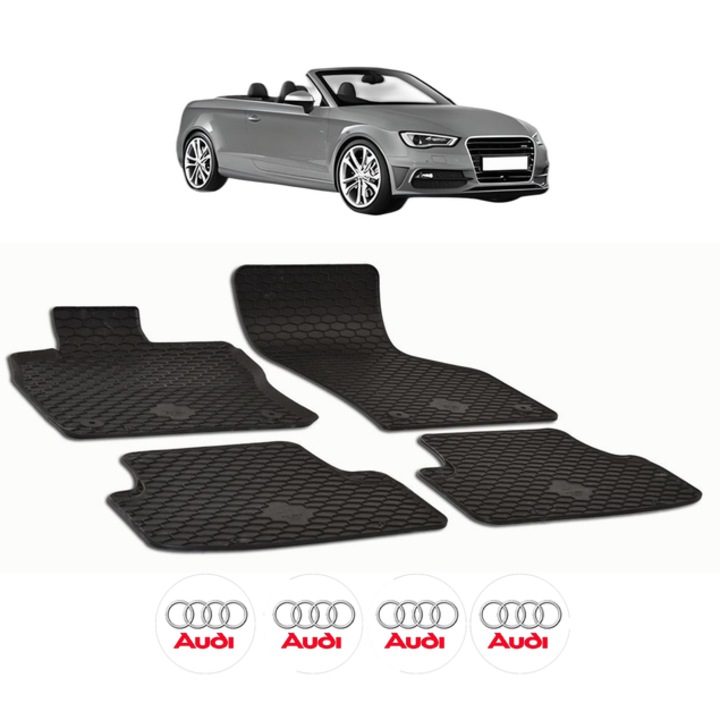 Set covorase presuri AUDI A3 din 2012-2020, auto, CRI-FLO, din cauciuc thermoplastic, 4 Stickere auto cu AUDI