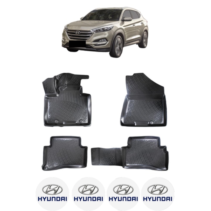 Set covorase presuri HYUNDAI TUCSON III din 2015-2020, auto, CRI-FLO, din cauciuc thermoplastic, 4 Stickere auto cu HYUNDAI