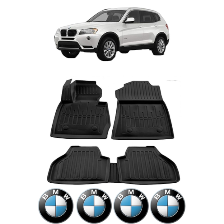 Set covorase auto, CRI-FLO, Pentru BMW X3 F25 2010-2017, cauciuc, negru, 5 piese, 4 stickere auto