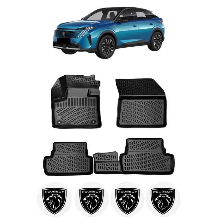 Set covorase presuri PEUGEOT 3008 II EXCEPTIE HYBRID din 2016-2023, auto, CRI-FLO, din cauciuc thermoplastic, 4 Stickere auto cu PEUGEOT