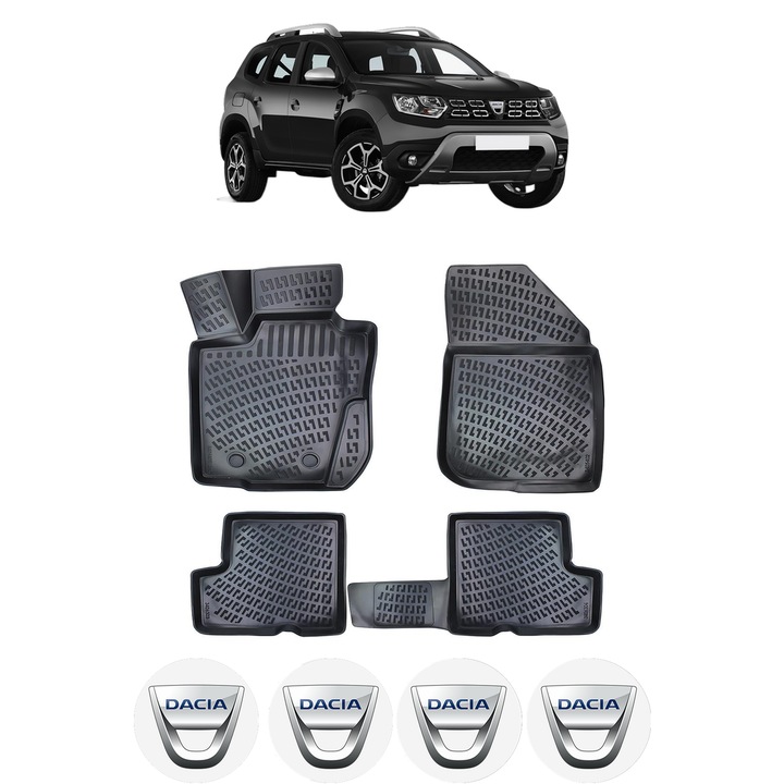 Set covorase presuri DACIA DUSTER 4X2 HM din 2018-2022, auto, CRI-FLO, din cauciuc thermoplastic, 4 Stickere auto cu DACIA