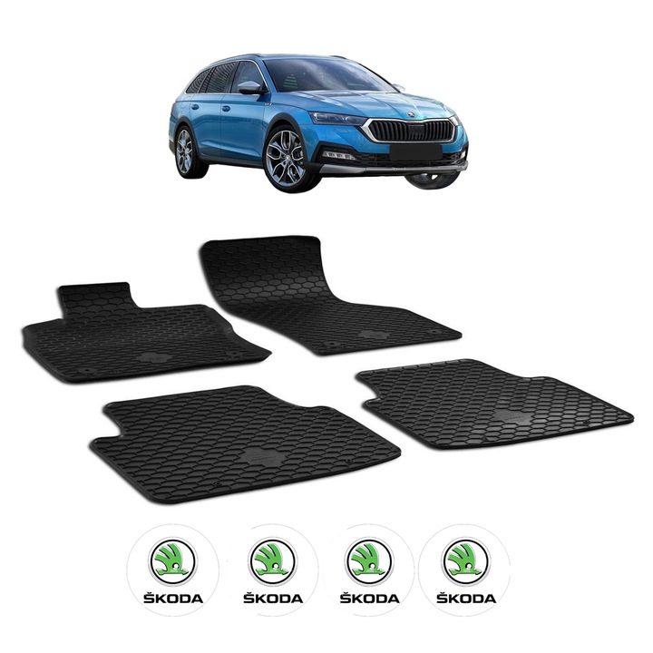 Set covorase presuri SKODA OCTAVIA IV INCLUSIV HYBRID din 2020, auto, CRI-FLO, din cauciuc thermoplastic, 4 Stickere auto cu SKODA