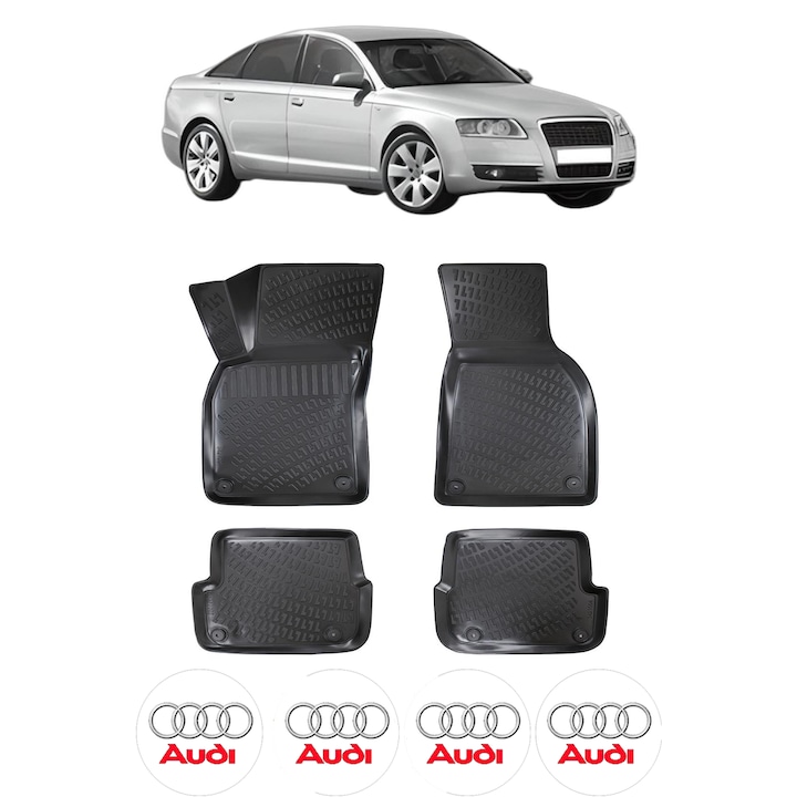Set covorase presuri AUDI A6 C6 4F din 2004-2011, auto, CRI-FLO, din cauciuc thermoplastic, 4 Stickere auto cu AUDI