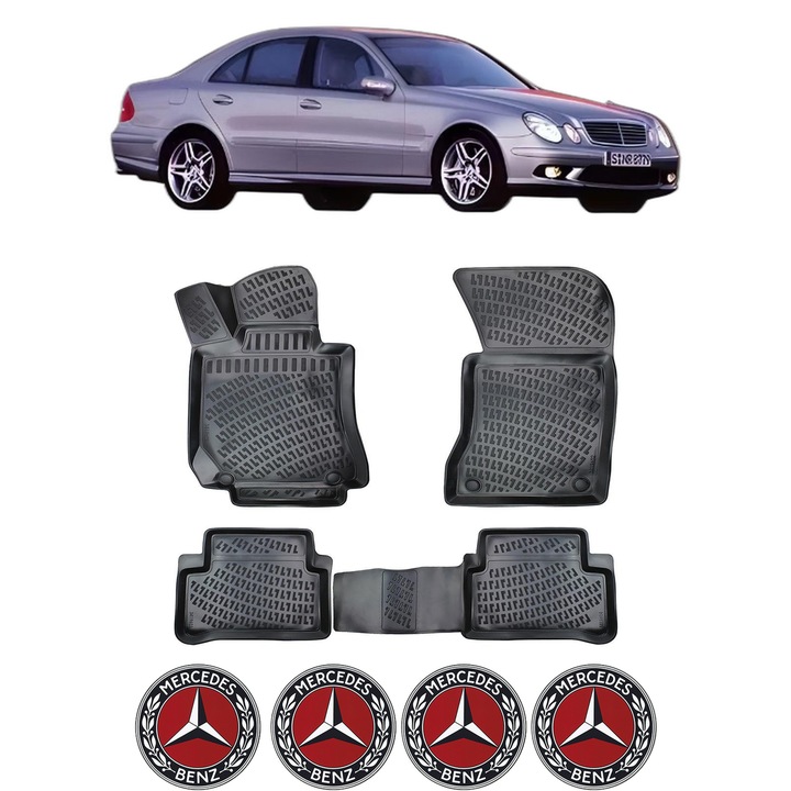 Set covorase presuri MERCEDES E CLASS W211 2WD din 2003-2009, auto, CRI-FLO, din cauciuc thermoplastic, 4 Stickere auto cu MERCEDES