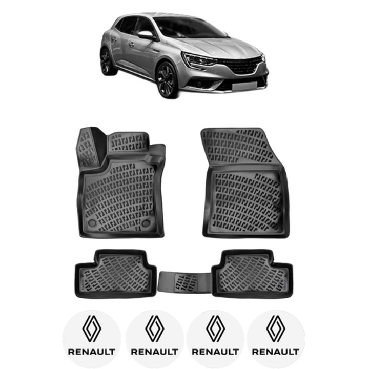 Set covorase presuri RENAULT MEGANE 4 HB din 2016, auto, CRI-FLO, din cauciuc thermoplastic, 4 Stickere auto cu RENAULT