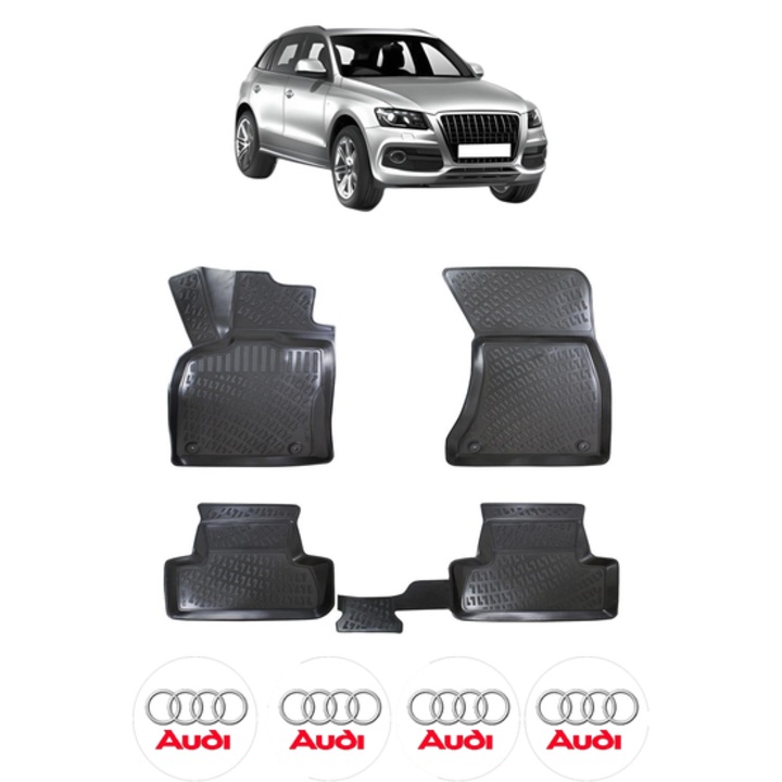 Set covorase presuri AUDI Q5 I 8R din 2008-2017, auto, CRI-FLO, din cauciuc thermoplastic, 4 Stickere auto cu AUDI
