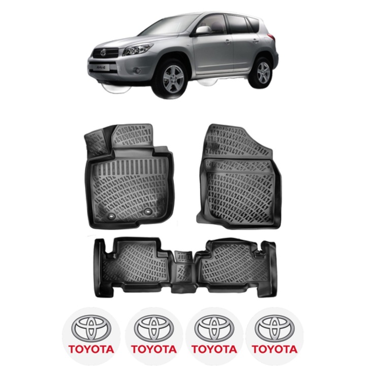 Set covorase presuri TOYOTA RAV 4 III XA30 din 2005-2012, auto, CRI-FLO, din cauciuc thermoplastic, 4 Stickere auto cu TOYOTA