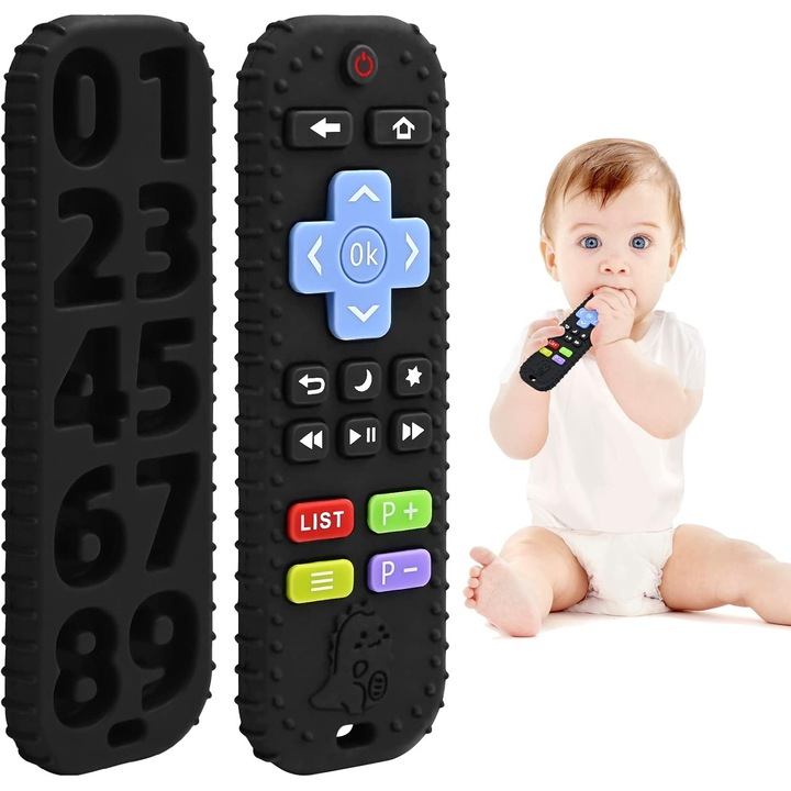 Jucarie dentitie Omelivon, telecomanda din silicon, neagra, 0-6 luni, fara BPA, texturi diferite，Jucarii calmante pentru eruptia dentara, potrivite pentru bebelusi cu varsta cuprinsa intre 3 si 6 luni (12 luni), jucarii de baie din silicon cu telecomanda