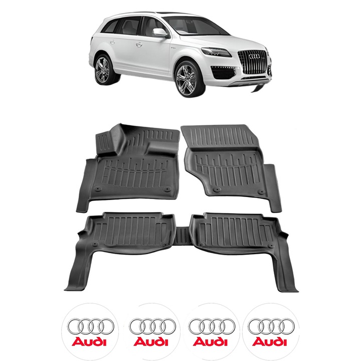 Set covorase presuri AUDI Q7 4L din 2005-2015, auto, CRI-FLO, din cauciuc thermoplastic, 4 Stickere auto cu AUDI