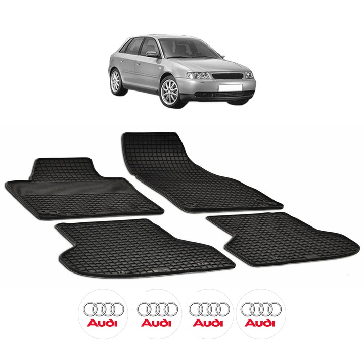 Set covorase presuri AUDI A3 din 2003-2009, auto, CRI-FLO, din cauciuc thermoplastic, 4 Stickere auto cu AUDI