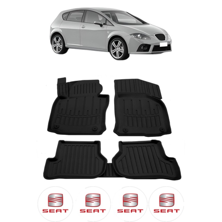 Set covorase presuri SEAT LEON II 1P din 2005-2012, auto, CRI-FLO, din cauciuc thermoplastic, 4 Stickere auto cu SEAT
