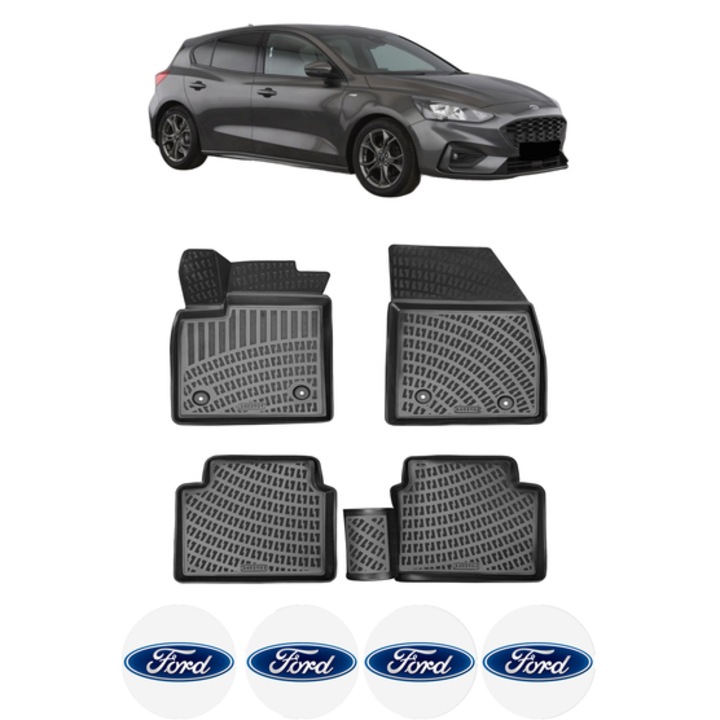 Set covorase presuri FORD FOCUS IV din 2018, auto, CRI-FLO, din cauciuc thermoplastic, 4 Stickere auto cu FORD